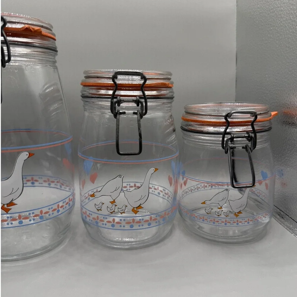 Vintage ARC France Hearts & Geese Glass Canister Set 4 Clamp Lid Wire Bail Jars